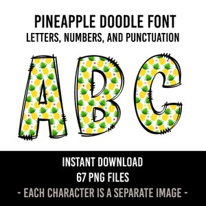 Pineapple Alphabet Doodle Font Summer Letters Hawaiian Numbers PNG Font Sublimation Tropical Letters Instant Download