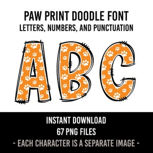 Orange Paw Print Alphabet Doodle Font Letters Dog Numbers Puppy Sublimation Dog Paw Letters Instant Download