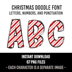 Christmas Alphabet Candy Cane Doodle Font Snowflake Fonts Holiday Numbers PNG Font Red Sublimation Winter Letters Instant Download