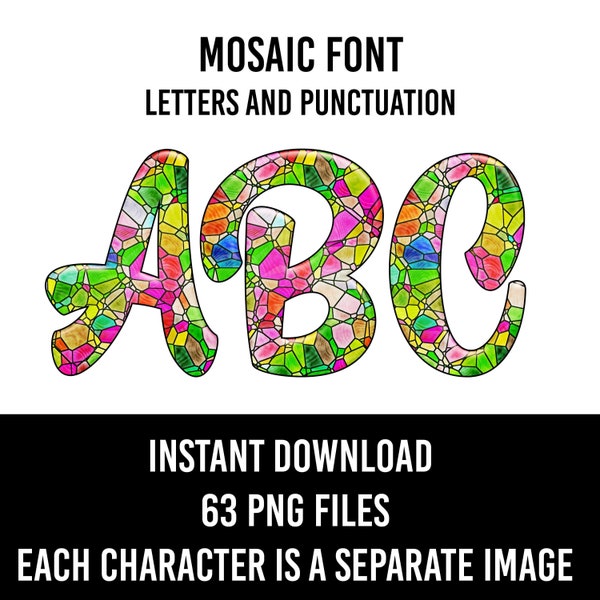 Mosaic Alphabet Doodle Font Stained Glass Letters  Numbers PNG Christian Sublimation Love Instant Download