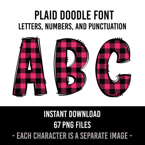 Hot Pink Plaid Print Alphabet Doodle Font Letters Buffalo Plaid  Print Numbers PNG Font Print Sublimation Plaid Letters Instant Download