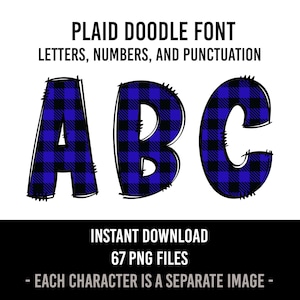 Blue Plaid Print Alphabet Doodle Font Letters Buffalo Plaid Print Numbers PNG Font Print Sublimation Plaid Letters Instant Download
