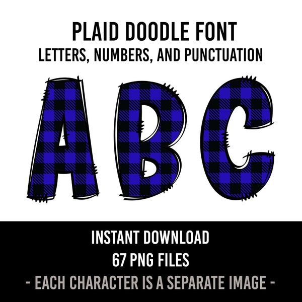 Blue Plaid Print Alphabet Doodle Font Letters Buffalo Plaid Print Numbers PNG Font Print Sublimation Plaid Letters Instant Download