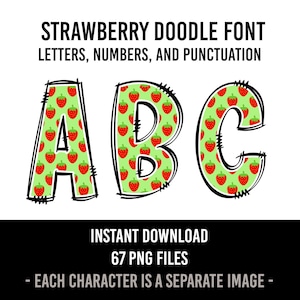 Strawberry Alphabet Doodle Font Letters Summer Numbers PNG Font Strawberries Sublimation  Letters Fruit Instant Download