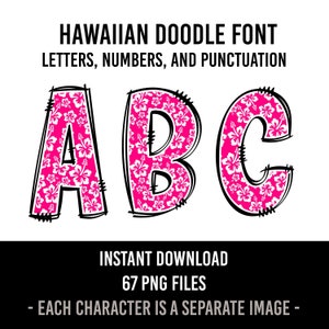 Hawaiian Alphabet Tropical Doodle Font Letters Summer Numbers PNG Font Floral Sublimation Hawaiian Shirt Letters Instant Download