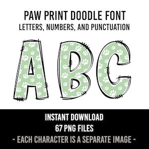 Green Paw Print Alphabet Doodle Font Letters Dog Numbers Puppy Sublimation Dog Paw Letters Instant Download