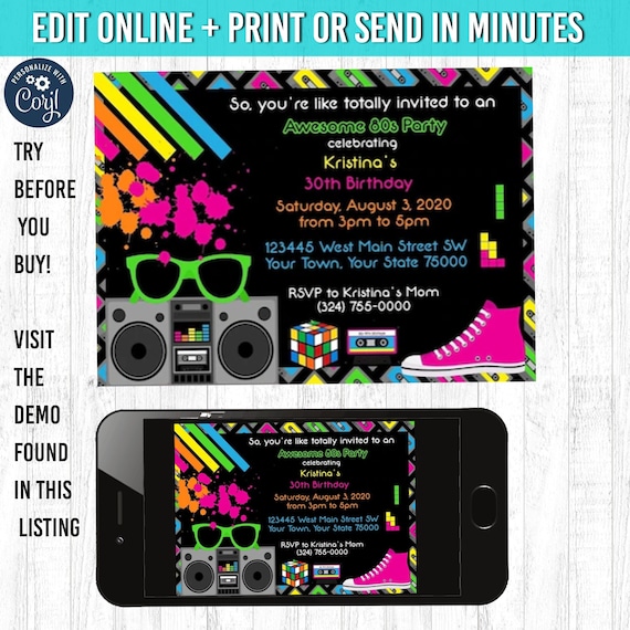 80s invitation, You EDIT and PRINT 5x7 80s birthday invitation 80s party invitation 80s invites 80s party 80s theme party 80s party decor