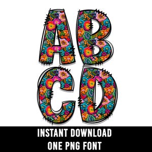 Retro Flower Alphabet Doodle Font Letters Floral Numbers PNG Font Flowers Sublimation Spring Letters Instant Download A to Z