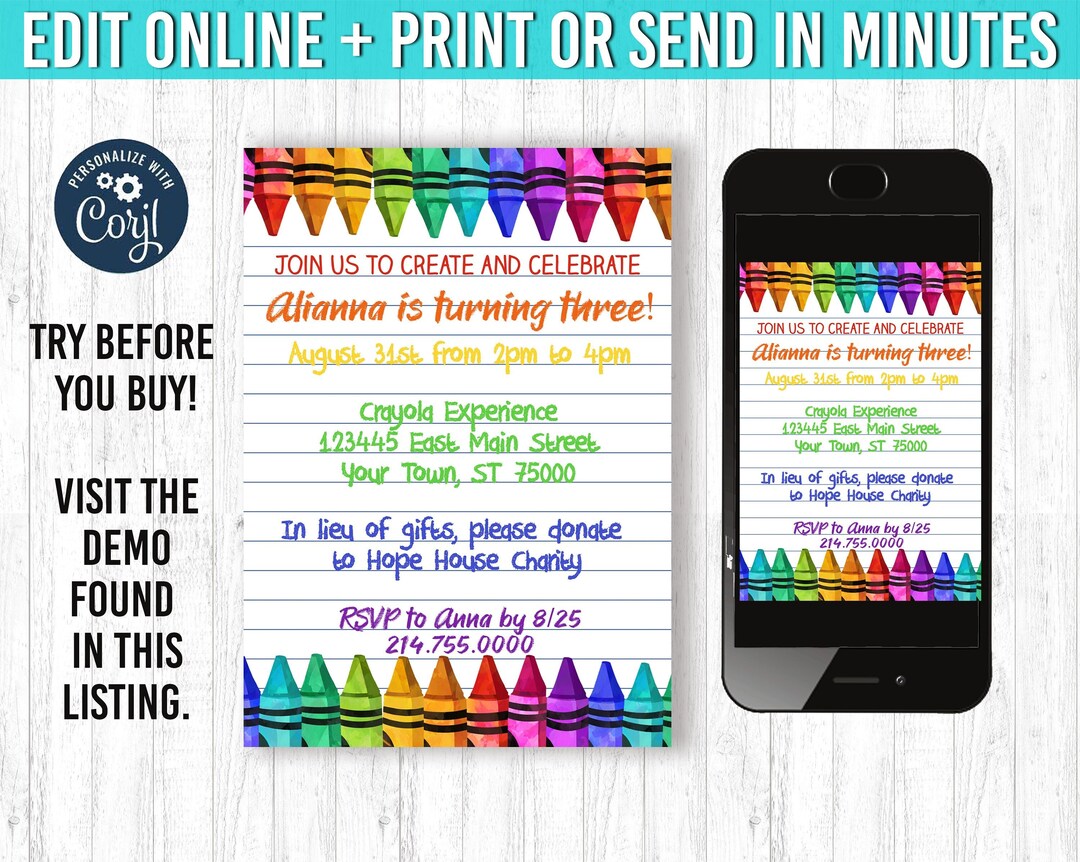 5x7 Editable Crayon Birthday Invitation, Crayon Invitation, Crayon ...
