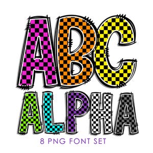 Checker-alfabet set PNG, geruite letters, Checker Alpha doodle letters, cijfers, sublimatie lettertype, klasdecor, prikbord alfa