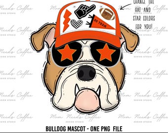 Può includere: Un bulldog di cartone animato che indossa un berretto da baseball rosso e bianco con un fulmine, un cuore e un motivo a scacchi. Il bulldog indossa anche occhiali da sole con lenti a forma di stella arancione. Il testo sul berretto recita "Go Team".