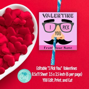 Puede incluir: Tarjeta de San Valentín imprimible con fondo rosa y una cara de dibujos animados con gafas y bigote. El texto de la tarjeta dice "Valentine I Pick You From Your Name". La tarjeta mide 3,5 pulgadas por 3,5 pulgadas y viene en un paquete de 6 por hoja de 8,5x11.
