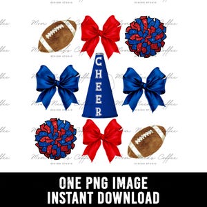 Cheer Football Coquette Bows PNG, Gameday Sublimation, Cut and Print, Team Sublimation, Cheerleading PNG, Footballs, Red, Blue