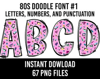 80s Alphabet Doodle Font 90s Letters Retro Numbers PNG Eighties Alpha Sublimation 90s Instant Download