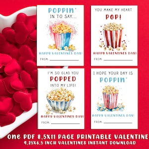 Popcorn Valentines, Valentines Card, Kids Valentines, School Valentines, 8.5x11, Treat Toppers, Valentines Printable PDF, Instant Download