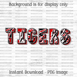 May include: Red and white striped "TIGERS" text with a black outline and a white background. The text is in a bold, blocky font. The background is a white woodgrain pattern.
