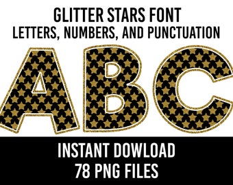 Black and Gold Stars Alphabet 78 Letters Starrry Numbers PNG Font Stars Sublimation Punctuation Star Fonts Instant Download