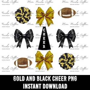 Cheer Football Coquette Bows PNG, Gameday Sublimation, Cut and Print, Team Sublimation, Cheerleading PNG, Footballs, Black, Gold
