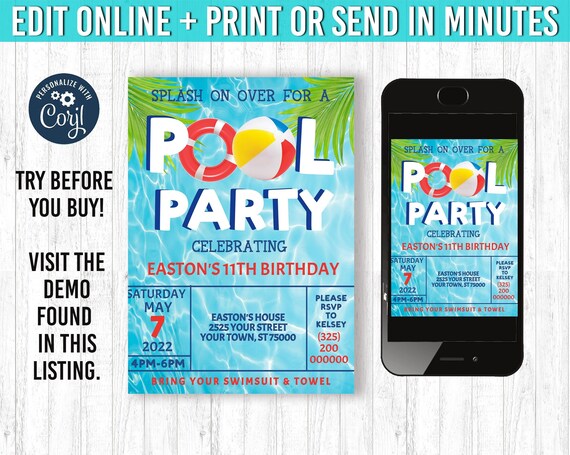 Pool Party Invitation 5x7 Pool Invitation YOU EDIT and Print  Pool Party Birthday Pool Party Invites Pool Party Theme