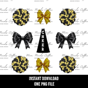 Cheer Football Coquette Bows PNG, Gameday Sublimation, Cut and Print, Team Sublimation, Cheerleading PNG, Footballs, Black, Gold