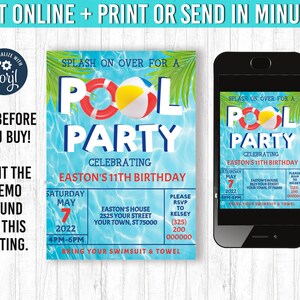 May include: A pool party invitation with a blue water background, featuring the text "POOL PARTY" with a beach ball and life preserver graphic. The invitation includes event details and a smartphone displaying the same design.