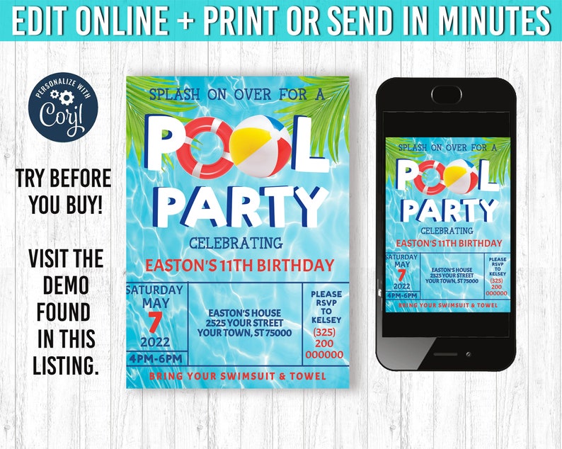 May include: A pool party invitation with a blue water background, featuring the text "POOL PARTY" with a beach ball and life preserver graphic. The invitation includes event details and a smartphone displaying the same design.