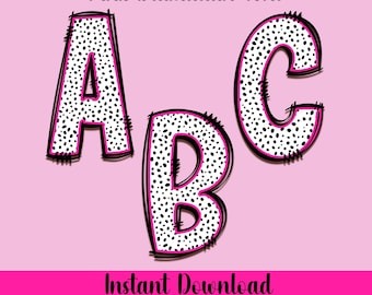 Pink Dalmatian Doodle Font Letters, Numbers, Symbols (Digital Download)