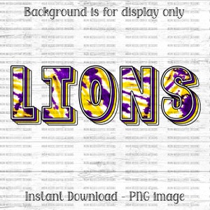 Lions PNG Transfer, Mascot Sublimation, Digital Download PNG, Tie Dye Sublimate, School Spirit Design, Printable Graphic, Yellow, Purple