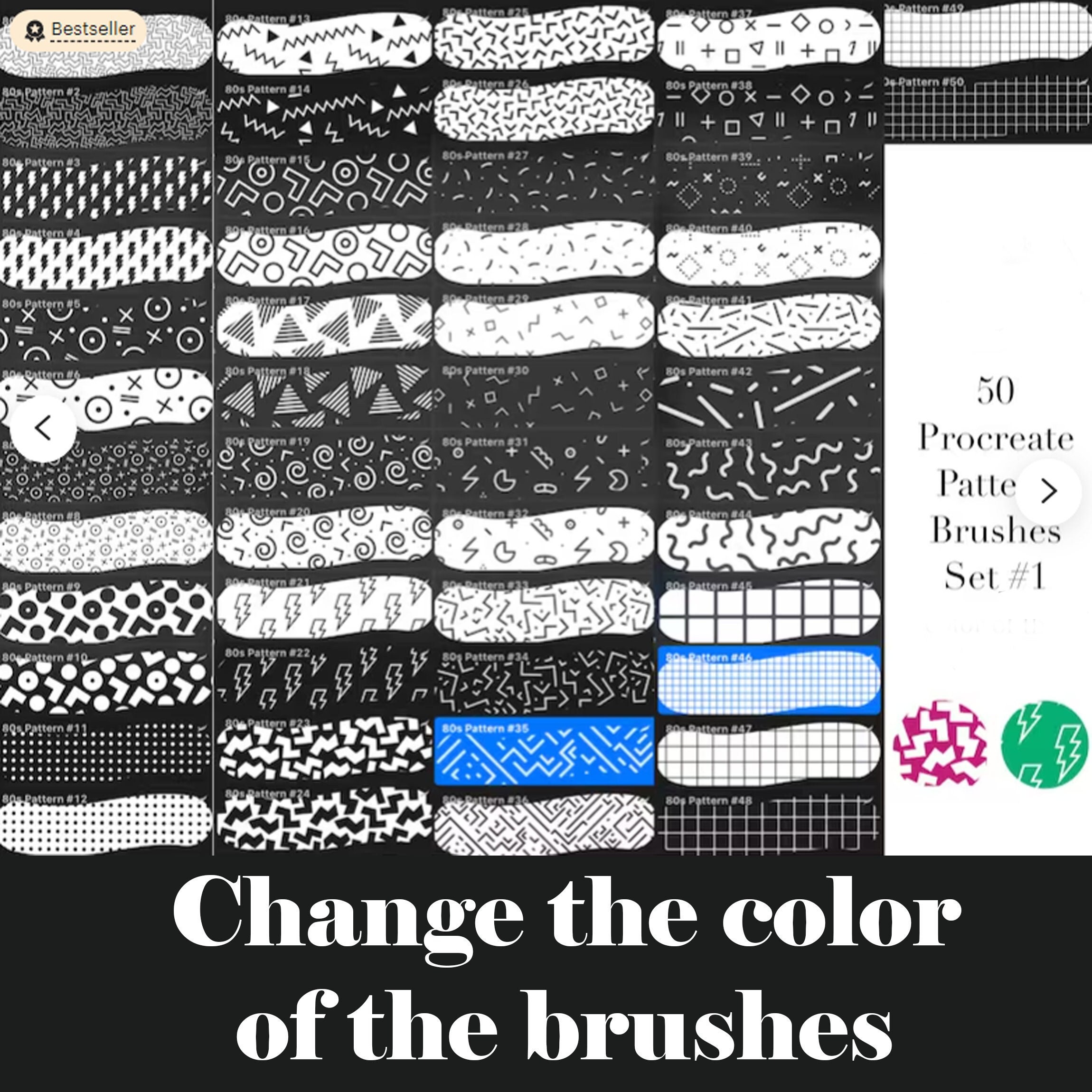 80s Procreate Brushes – 50 Retro Stamps with Geometric Shapes, Squiggles & Stripes