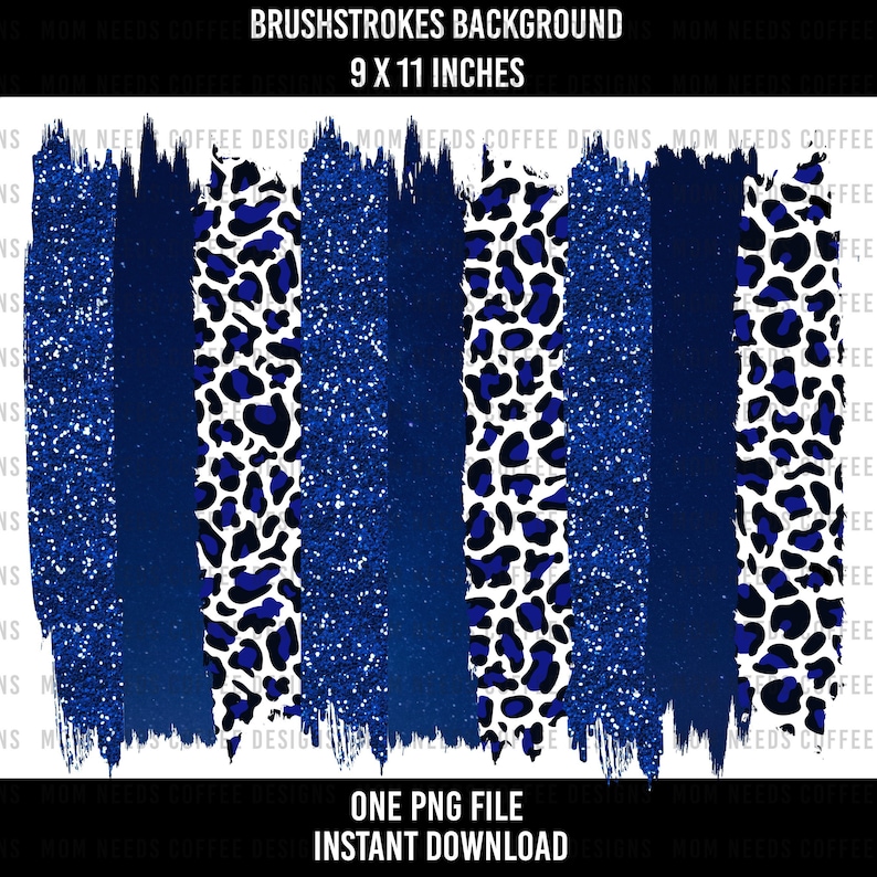 K&ouml;nnte beinhalten: Digitaler Download eines blauen und wei&szlig;en Pinselstrich-Hintergrunds mit Glitzer, Leopardenmuster und durchgehenden blauen Streifen. Der Hintergrund ist 23 cm x 28 cm gro&szlig;.