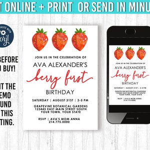 K&ouml;nnte beinhalten: Eine wei&szlig;e Einladung mit roten Erdbeeren und Text f&uuml;r einen ersten Geburtstag. Die Einladung enth&auml;lt den Text "berry first birthday" und Veranstaltungsdetails. Ein Smartphone zeigt das Einladungsdesign.