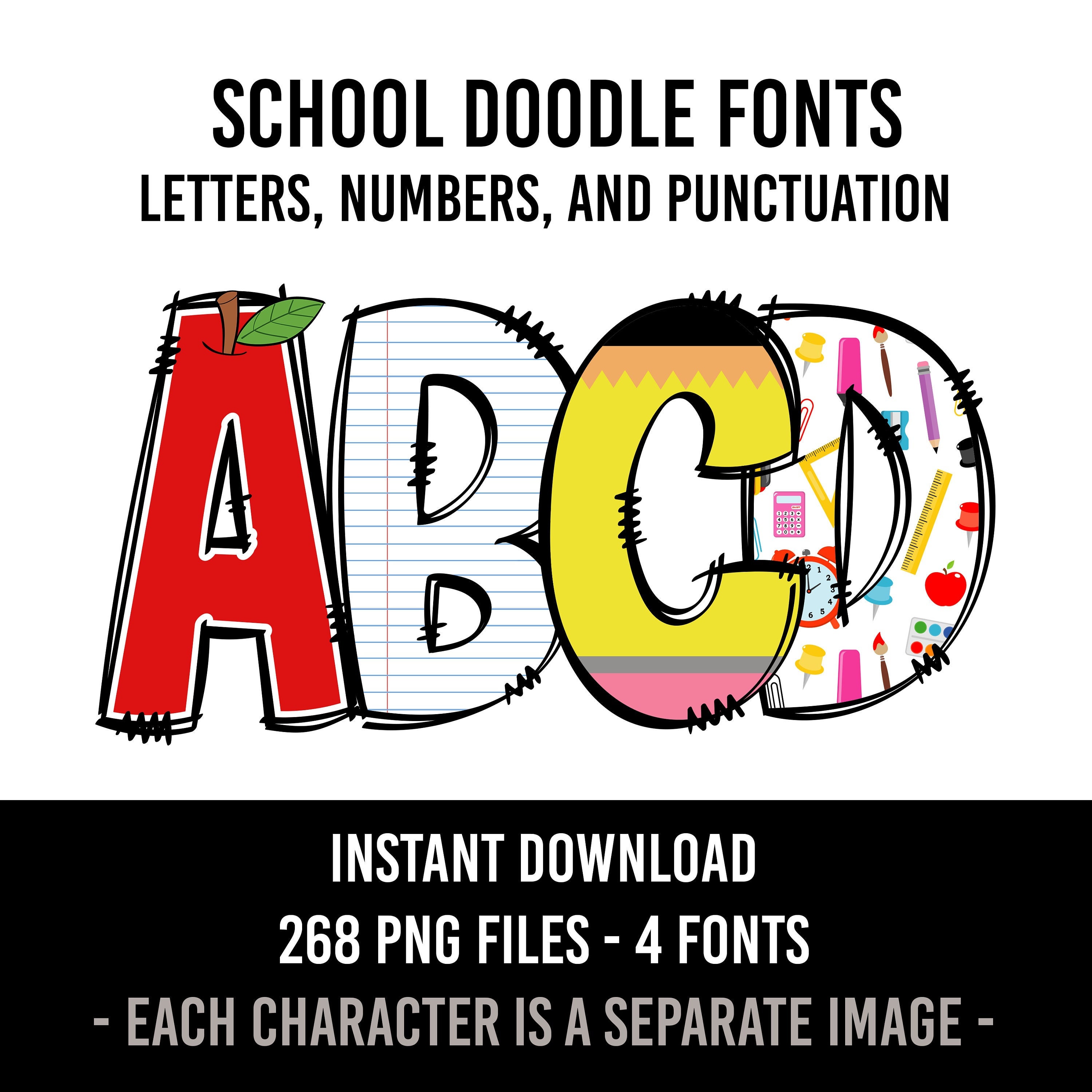 Teacher Doodle Letters, Back to School, Pencil Hand Drawn Doodle Alpha ...