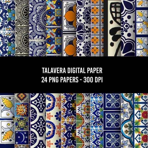 24 Talavera digital paper, Talavera paper Instant download clip art Mexican tile paper spanish tile moroccan Mexicana talavera Cinco De Mayo