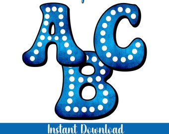 Blue Marquee Dots Alphabet Font – Circus Style Letters, Numbers (Digital Download)