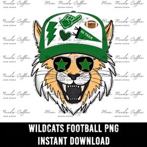 Wildcats Football Mascot PNG, Transfer, Digital Download, Trucker Hat, Wildcats Image, Green, School Spirit Design, Sublimation, Clipart