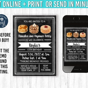 May include: Black chalkboard-style invitation for a "Pancakes and Pajamas Party" celebrating Kaylee's 13th birthday. The design includes pancake illustrations, event details, and RSVP information. A smartphone displays the invitation.