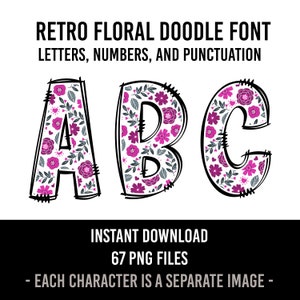 Retro Flower Alphabet Doodle Font Letters Floral Numbers PNG Font ...