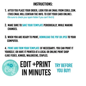May include: Instructions for editing and printing a template are displayed. The text includes steps for ordering, saving, downloading, and printing. The image also features the words "Edit + Print in Minutes" and "Try Before You Buy!"