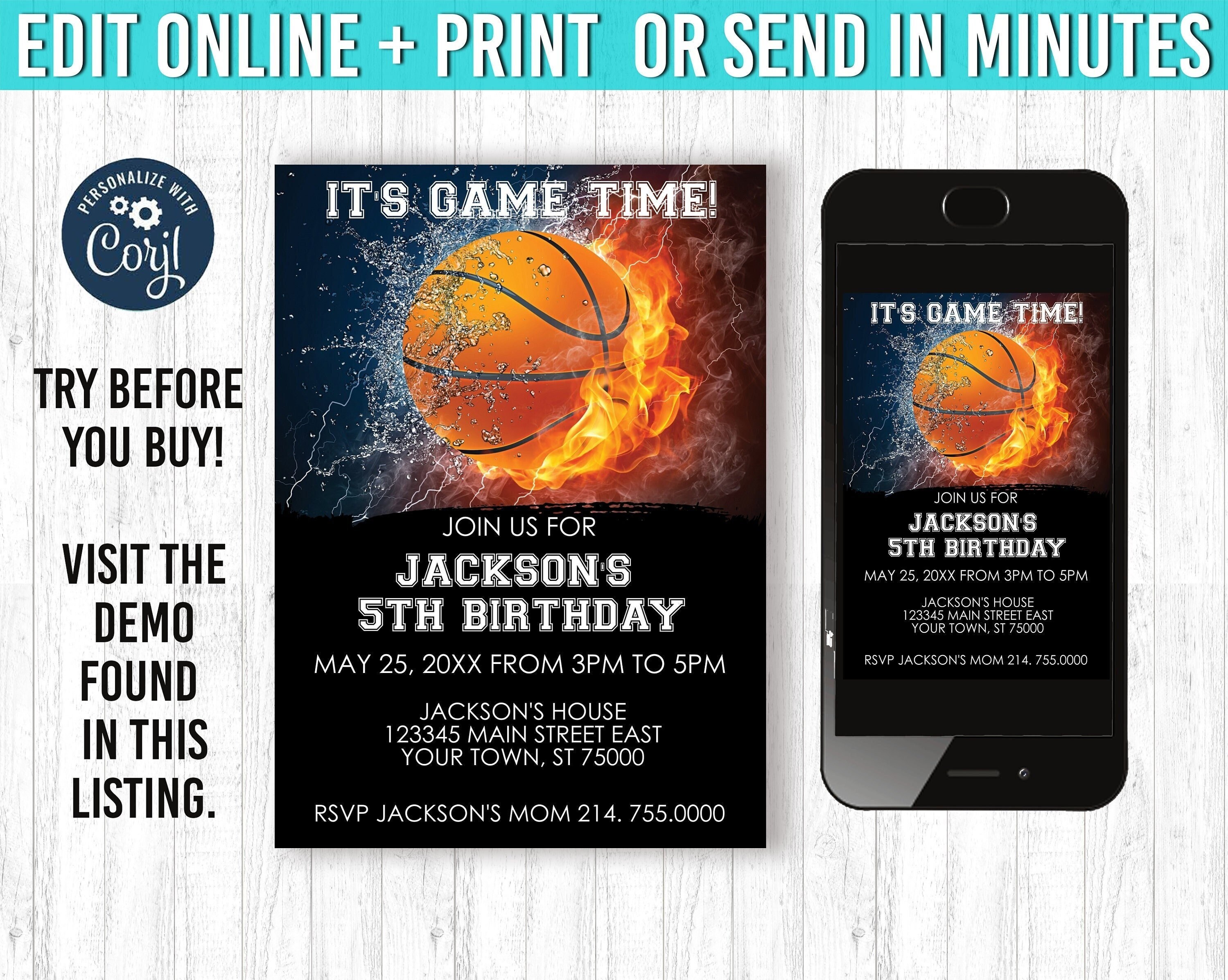 Basketball Invitation 5x7 Basketball Birthday Invitation YOU EDIT and Print Basketball Birthday Basketball Invites Basketball