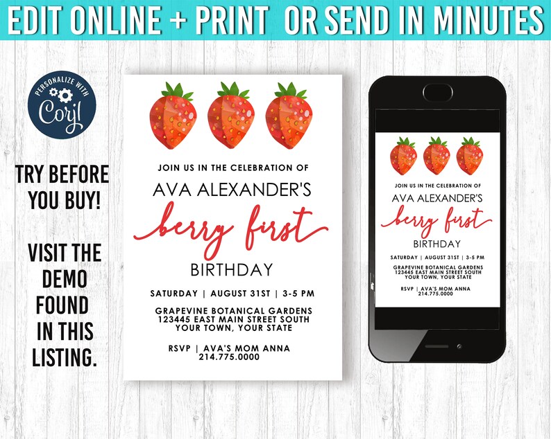 K&ouml;nnte beinhalten: Eine wei&szlig;e Einladung mit rotem Text und Erdbeerillustrationen f&uuml;r einen "Berry First"-Geburtstag. Die Einladung enth&auml;lt Eventdetails und einen Telefon-Mockup, der das gleiche Design anzeigt. Der Text lautet "Online bearbeiten + drucken oder in Minuten senden."