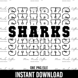 Sharks PNG Transfer Mascot Digital Download PNG Stacked School Spirit Design for Sublimation, Printable Clipart Transfer