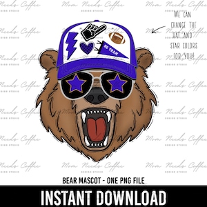 Bears PNG, Transfer, Mascot, Digital Download PNG, Trucker Hat, Purple, School Spirit Design, Sublimation, Printable Clipart, Bear
