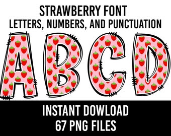 Strawberry Alphabet Doodle Font Letters Summer Numbers PNG Font Strawberries Sublimation  Letters Fruit Instant Download