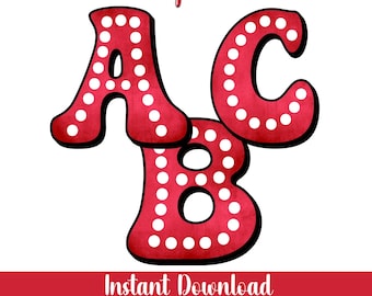 Red Polka Dot Alphabet Font – Circus Style Letters, Numbers (Digital Download)