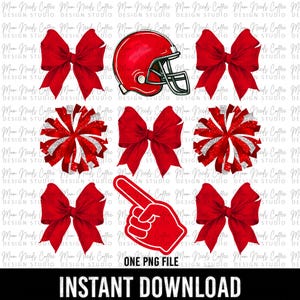 Red Cheer Football Coquette Bows PNG, Gameday Sublimation, Cut and Print, Team Sublimation, Cheerleading PNG, Footballs,