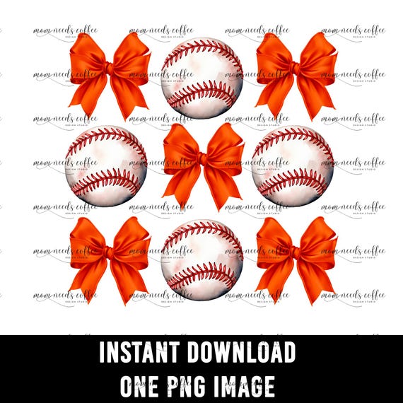 Baseballs and Orange Bows PNG, Game Day Sublimation (Digital Download)
