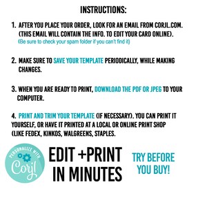 K&ouml;nnte beinhalten: Anleitung zum Bearbeiten und Drucken einer Vorlage. Der Text beschreibt die Schritte zum Bestellen, Speichern, Herunterladen und Drucken. Das Bild zeigt auch die W&ouml;rter "Edit + Print in Minutes" und "Try Before You Buy!"