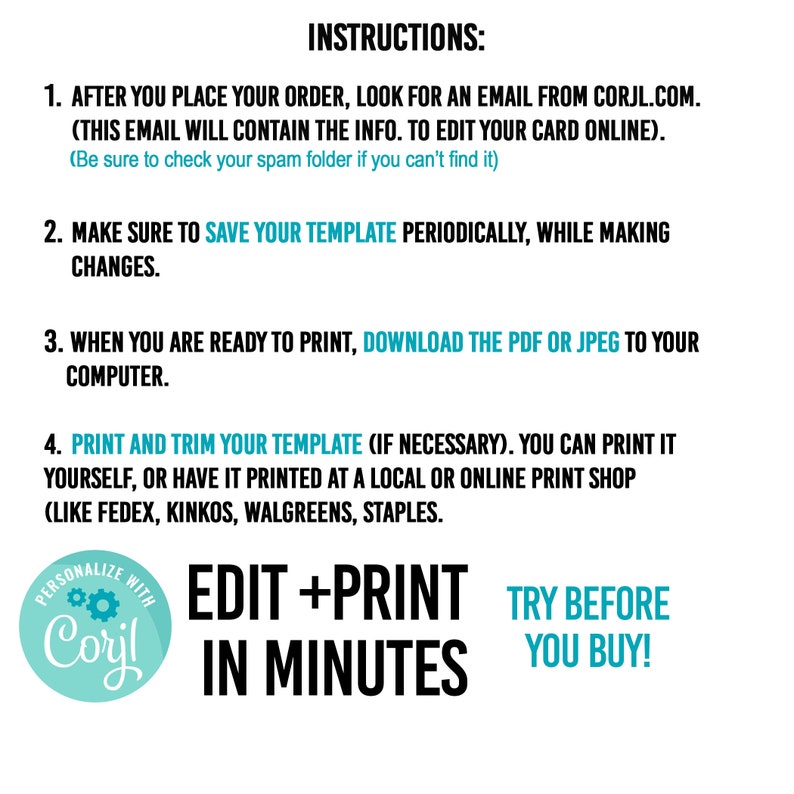 K&ouml;nnte beinhalten: Anleitung zum Bearbeiten und Drucken einer Vorlage. Der Text beschreibt die Schritte zum Bestellen, Speichern, Herunterladen und Drucken. Das Bild zeigt auch die W&ouml;rter "Edit + Print in Minutes" und "Try Before You Buy!"