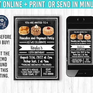 May include: Black chalkboard-style invitation for a "Pancakes and Pajamas Party" celebrating Kaylee's 13th birthday. The design includes pancake illustrations, event details, and RSVP information. A smartphone displays the invitation.
