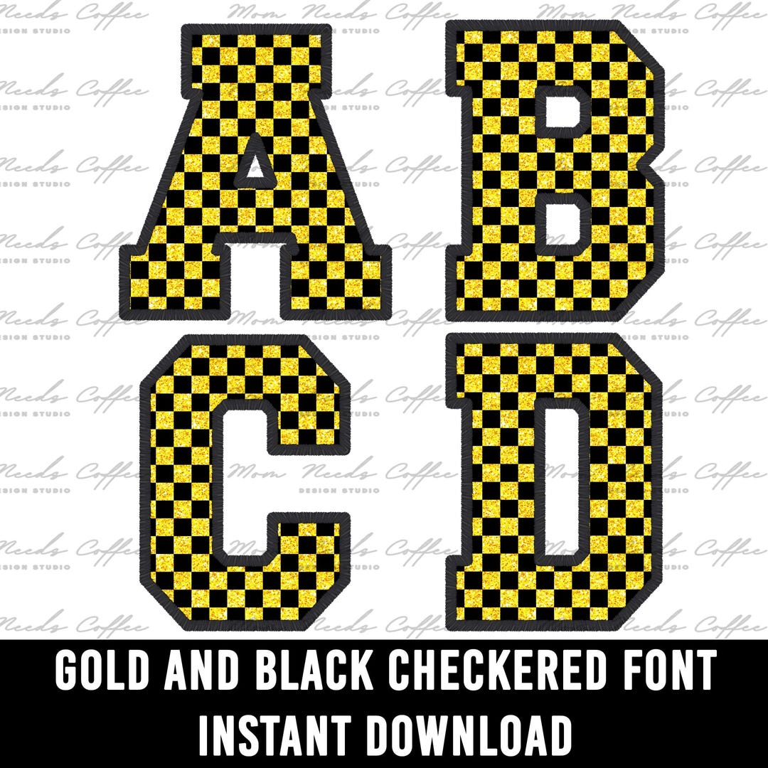 Alpha Check Designs Glitter Checker Print PNG Alphabets, Gold Checker Alpha, Checkered ...